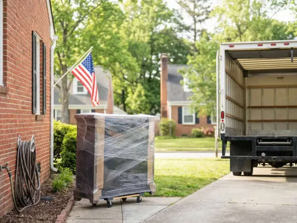 Professional moving crew loading household goods from a brick colonial home in Norfolk's Larchmont neighborhood for a military PCS relocation