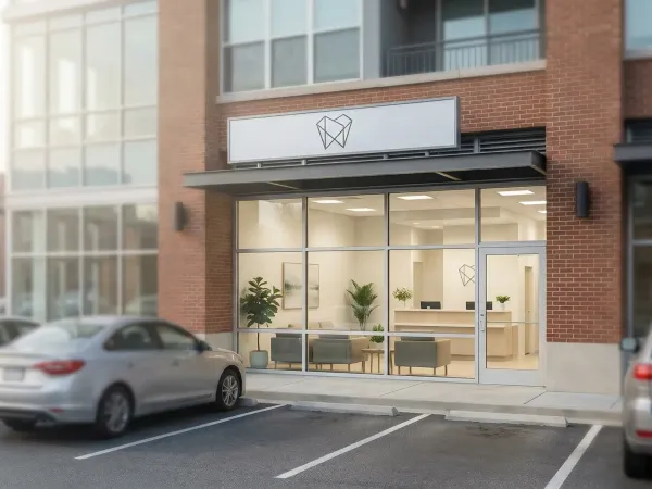 Modern dental practice reception area in Norfolk VA with a friendly hygienist welcoming a new patient at the front desk, natural coastal light through large windows
