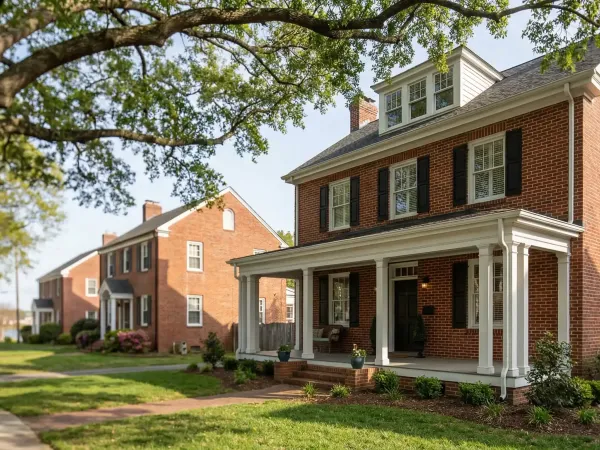 Colonial Revival brick home in Norfolk's Ghent neighborhood with a real estate agent standing on the front porch reviewing a tablet with a young military couple, tree-lined street in background