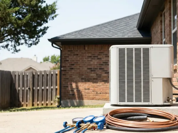 Professional HVAC technician inspecting a residential condenser unit outside a 1970s brick ranch home in Garland, TX