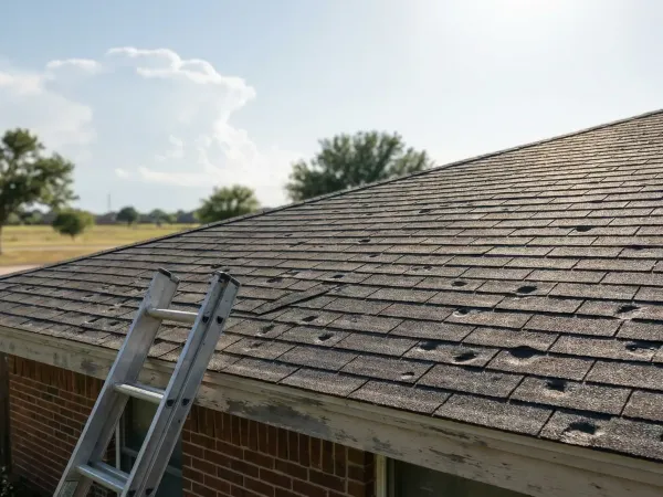 Professional roofer inspecting storm-damaged asphalt shingles on a mid-century brick ranch home in Garland, TX