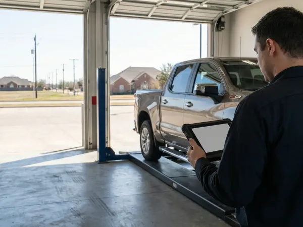 Independent auto repair shop service bay in Garland TX with vehicle on hydraulic lift and technician reviewing diagnostic tablet