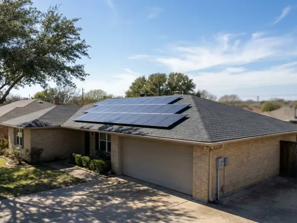 Solar panels installed on a brick ranch home roof in a Garland TX suburb with GP&L meter box visible and clear North Texas sky