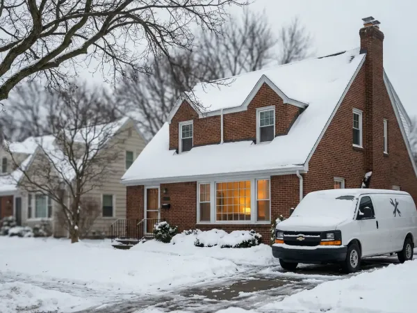 Professional HVAC technician servicing a furnace in a Rochester, NY home during winter