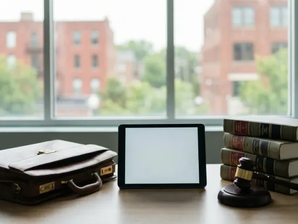 Professional personal injury law office consultation room in Rochester, NY, with attorney reviewing case documents at a desk overlooking downtown