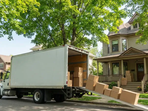 Moving truck parked on a tree-lined Rochester residential street in late August with uniformed movers loading boxes, Monroe County, NY