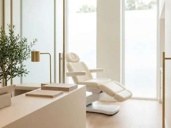 Modern medical spa treatment room in Grand Rapids, MI — clean white environment, practitioner preparing injectable treatment with professional precision
