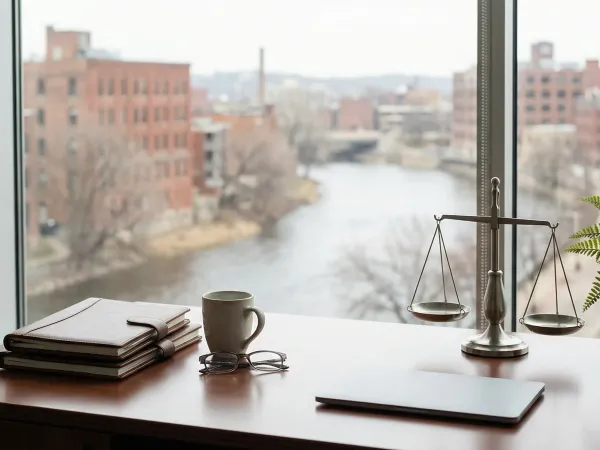 Professional personal injury attorney at desk in Grand Rapids, MI law office — reviewing case documents with Grand River view in background