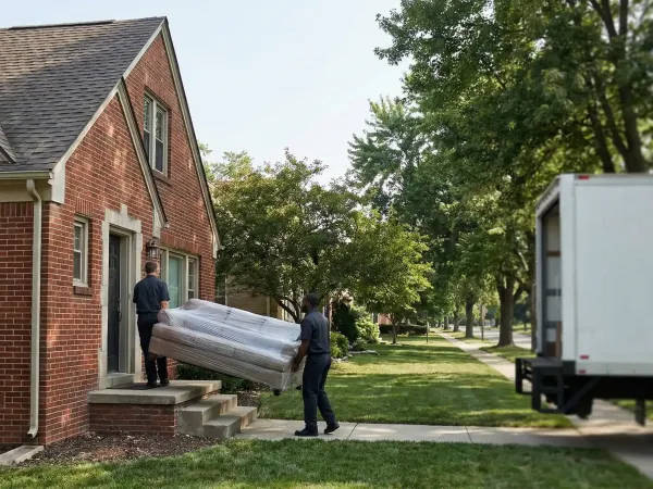 Professional moving crew carefully loading furniture into branded moving truck in Grand Rapids, MI suburban neighborhood — summer day, reliable service