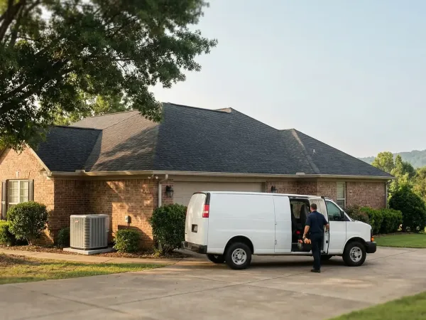 Professional HVAC technician servicing a residential AC unit outside a brick home in Little Rock, AR