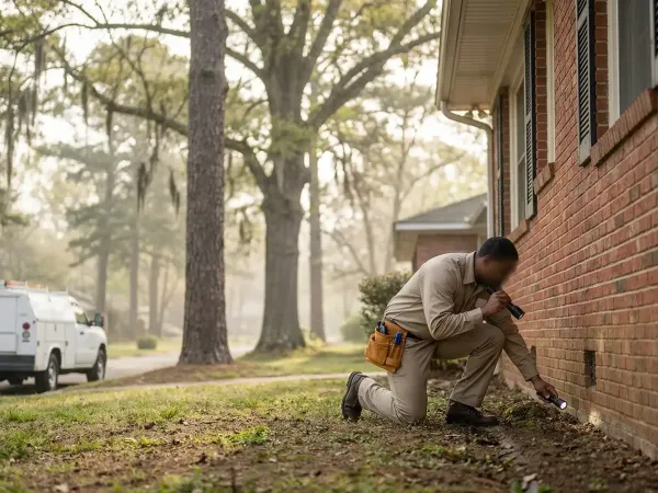 Pest control technician performing termite inspection along the foundation of a brick home in Little Rock, AR