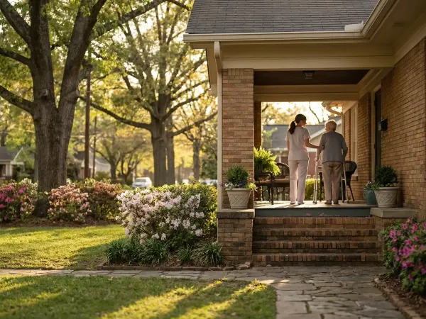Professional caregiver greeting an elderly woman on the porch of a brick home in Little Rock, AR