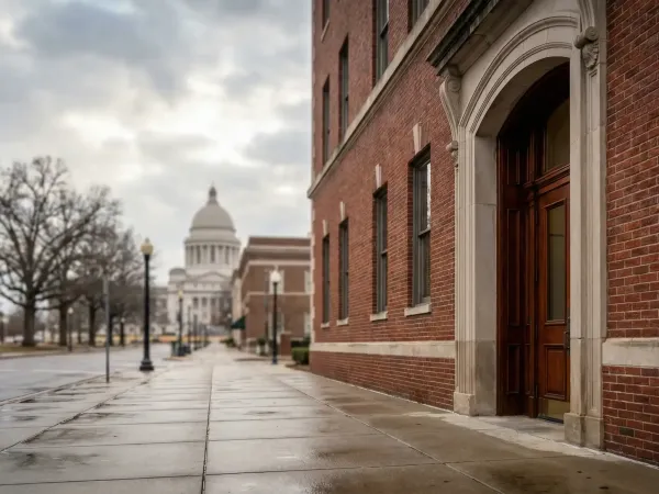 Professional attorney walking outside a stately law office in downtown Little Rock, AR with the Arkansas State Capitol in the background