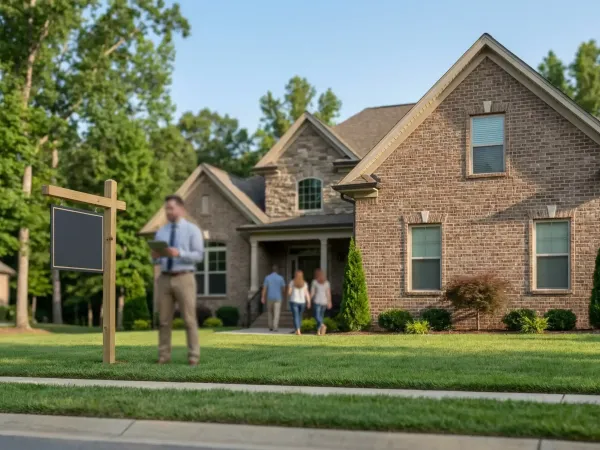 Real estate agent showing a suburban brick home for sale in the Chenal Valley neighborhood of Little Rock, AR