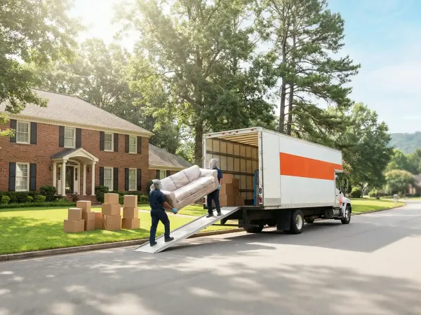 Professional movers loading a moving truck on a residential street in Little Rock, AR on a sunny moving day