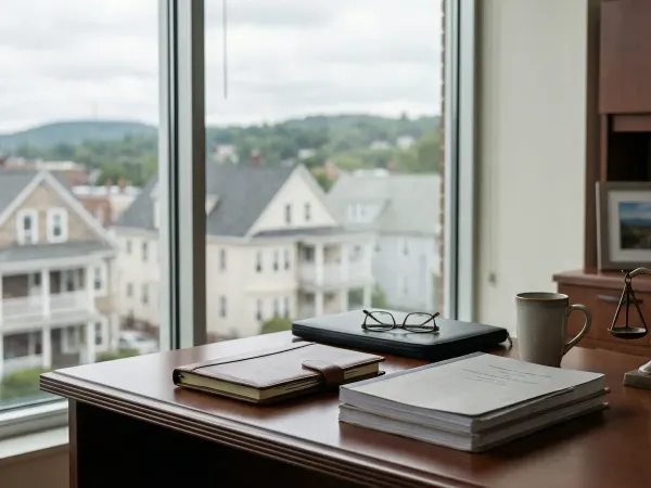 Professional personal injury law office consultation room in Worcester, MA, with attorney meeting client across a desk in a brick-accented downtown building.
