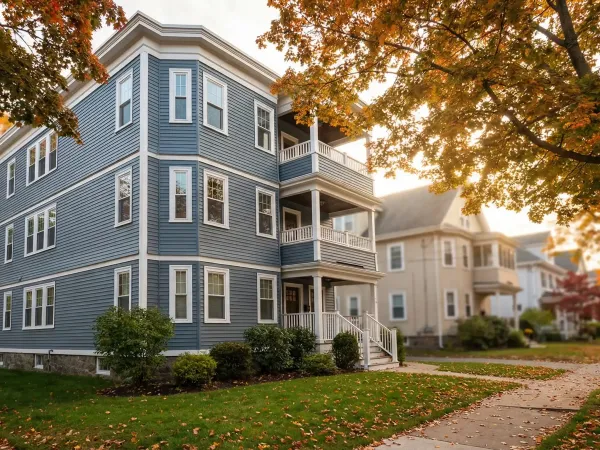 Classic Worcester triple-decker home on a tree-lined residential street in autumn with warm afternoon light and New England foliage, representing the local real estate market.