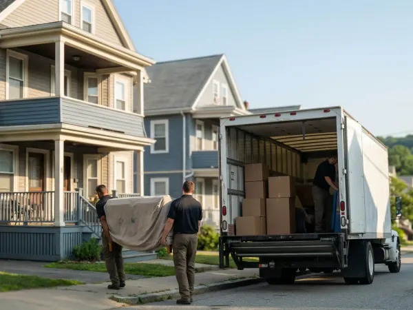 Professional movers loading furniture from a classic Worcester triple-decker apartment building into a moving truck on a residential street, representing local Worcester moving services.