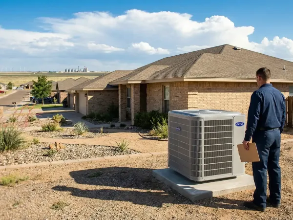 Professional HVAC technician servicing a residential air conditioning system outside a brick ranch home in Amarillo, TX under a wide Texas Panhandle sky