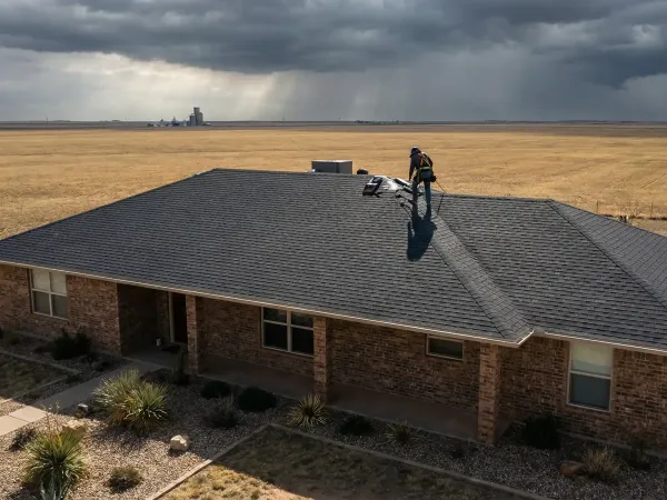 Roofing contractor inspecting hail damage on a residential roof in Amarillo, TX under dramatic Panhandle storm clouds