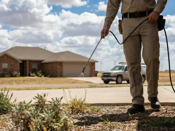 Pest control technician applying perimeter treatment to a brick ranch home in Amarillo, TX with the wide Texas Panhandle sky visible in the background
