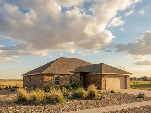 Real estate agent standing in front of a brick ranch home for sale in an Amarillo, TX neighborhood under a wide Texas sky
