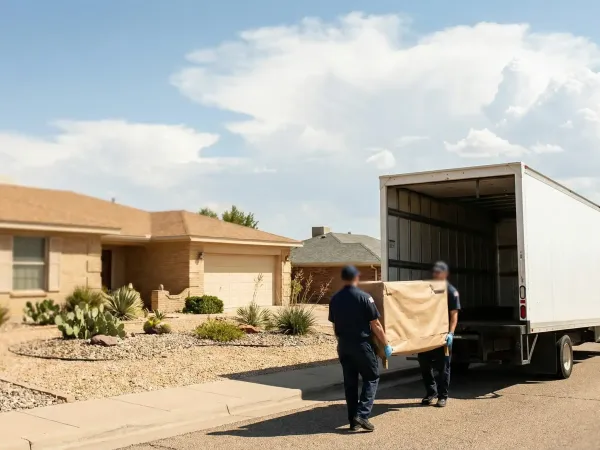 Professional moving crew loading a truck in a sunny Amarillo residential neighborhood, TX
