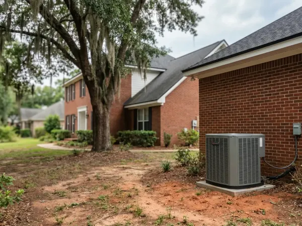 Professional HVAC technician servicing a residential AC unit in Tallahassee, FL