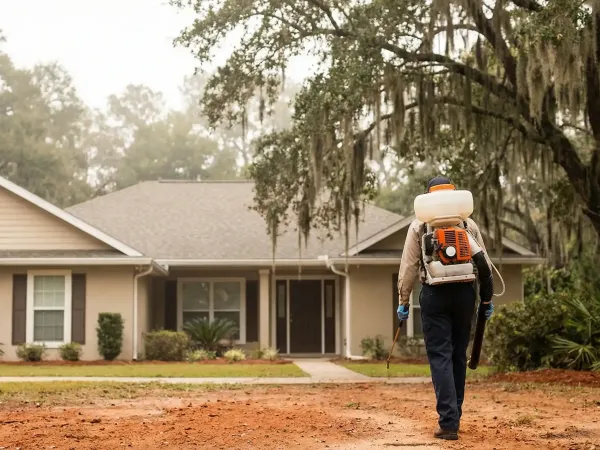Pest control technician treating a Tallahassee residential home exterior with canopy oaks in background