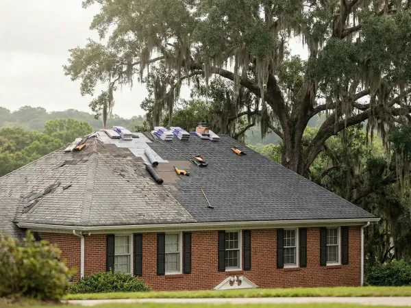 Roofing contractor on a residential roof in Tallahassee FL with live oak canopy visible in background