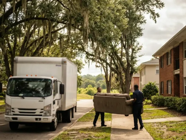 Professional moving team loading furniture into a truck on a Tallahassee residential street with live oak trees