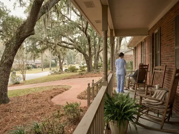 Professional home care aide assisting an elderly client at a comfortable Tallahassee residential home with warm natural lighting