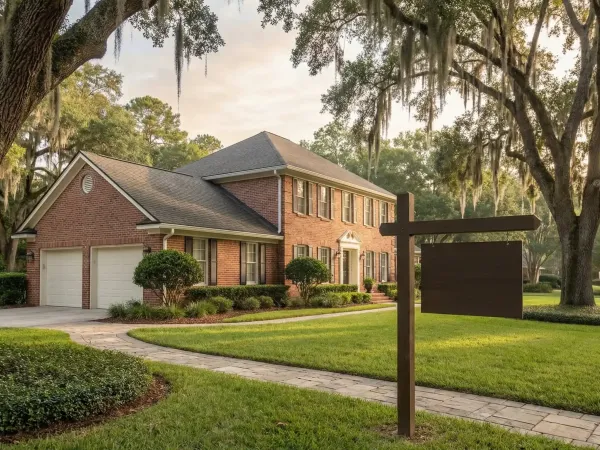 Real estate agent showing a young professional couple a well-maintained home in a Tallahassee suburban neighborhood with mature live oak trees