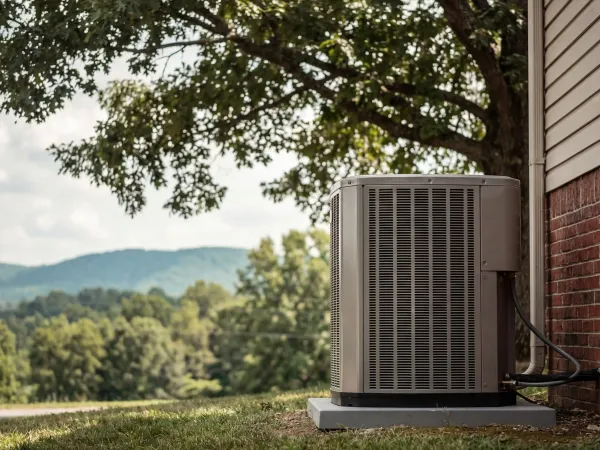 Professional HVAC technician service van parked beside a residential brick home in Farragut, West Knoxville, Tennessee, with Appalachian foothills in the background