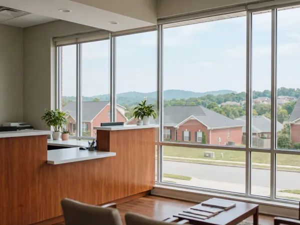 Modern dental practice consultation room in West Knoxville, Tennessee with natural light and Tennessee hills visible through window, professional dentist reviewing treatment plan with patient