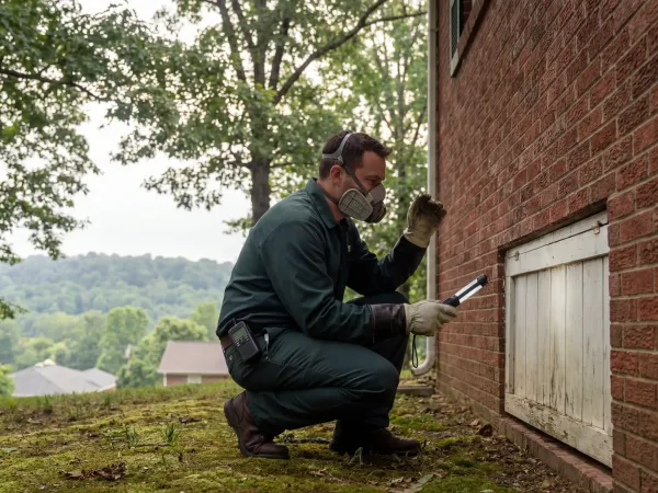 Pest control technician in branded uniform inspecting crawl space foundation of 1960s brick ranch home in North Knoxville under Appalachian hardwood canopy, moisture meter and inspection light in hand