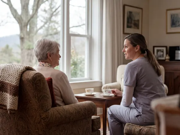 Senior care coordinator reviewing care plan with adult daughter at professional desk in West Knoxville office, Tennessee home care license certificate on wall, Knox County residential streetscape through window