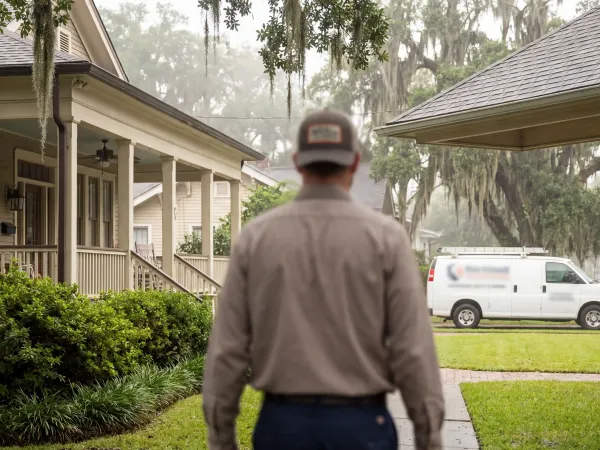 Pest control technician in uniform inspecting a home exterior for termites in Shreveport, Louisiana