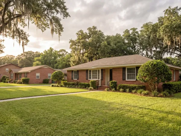Real estate agent showing a well-maintained brick home to a couple in a Shreveport, LA residential neighborhood
