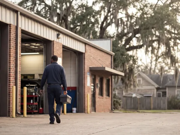 Professional auto mechanic in uniform at a Shreveport, LA automotive service shop with vehicle service bays in background