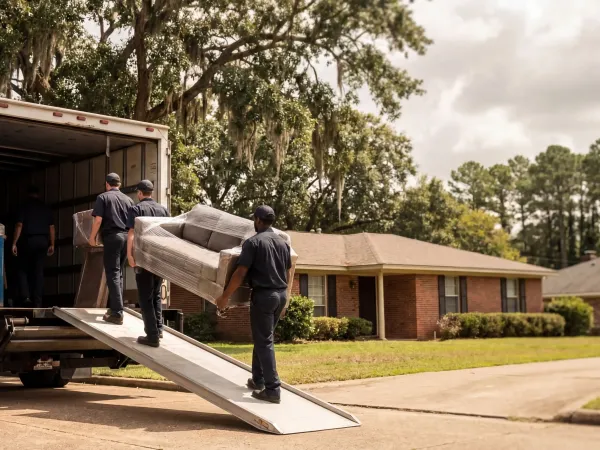 Professional moving crew loading a truck in front of a residential home in Shreveport, LA neighborhood with mature trees