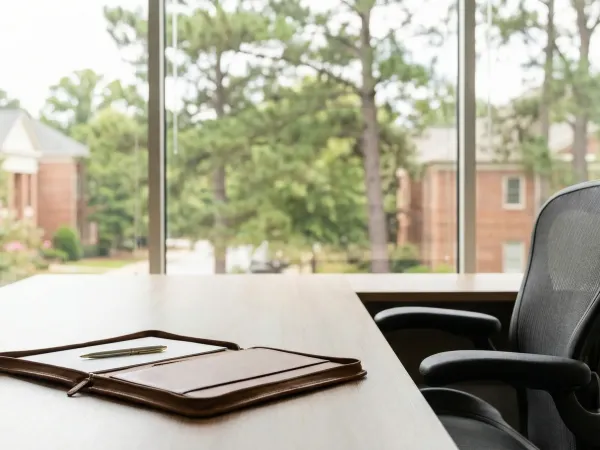 Professional personal injury attorney meeting with clients in a Macon, GA law office overlooking the I-75 corridor