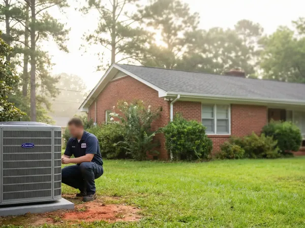 Professional HVAC technician servicing a Carrier condenser unit at a brick ranch home in Macon, GA