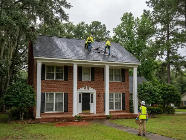 Roofing contractor reviewing storm damage inspection with Macon, GA homeowner on a brick home exterior