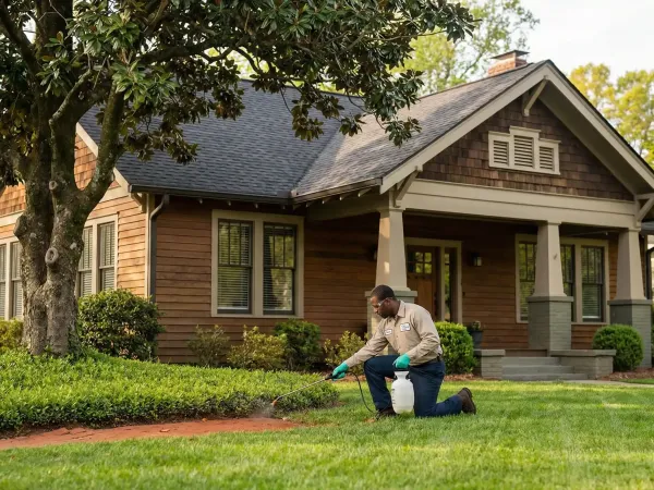 Professional pest control technician applying eco-safe treatment at the foundation of a craftsman bungalow in Macon, GA