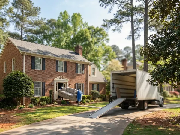 Uniformed movers carefully loading furniture into a branded moving truck outside a brick Macon, GA home on a bright morning