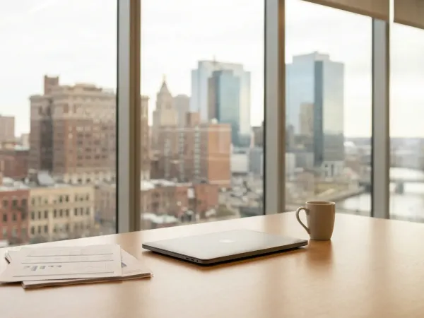 Financial advisor consultation with a client at a professional office in downtown Newark, NJ near the Prudential Financial headquarters corridor