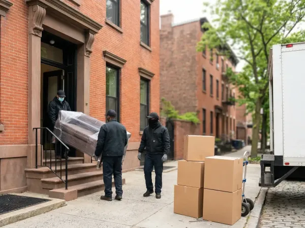 Professional moving crew carrying furniture outside a Jersey City mid-rise building, branded uniforms, urban street context visible
