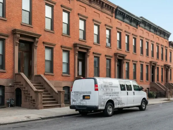 Licensed plumber in branded uniform working on a water heater in a Jersey City apartment, professional tools organized nearby, clean residential interior
