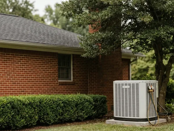 HVAC technician servicing a mini-split unit in a brick Arlington, VA condominium with Northern Virginia rooftops visible outside